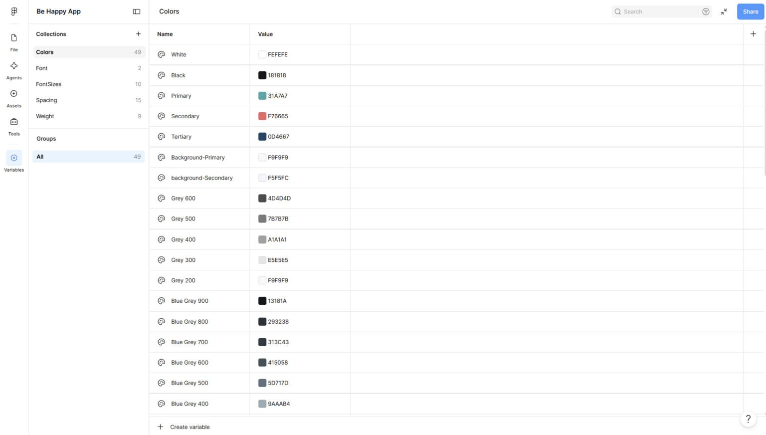 Projet Breath : tableau de variables colors
